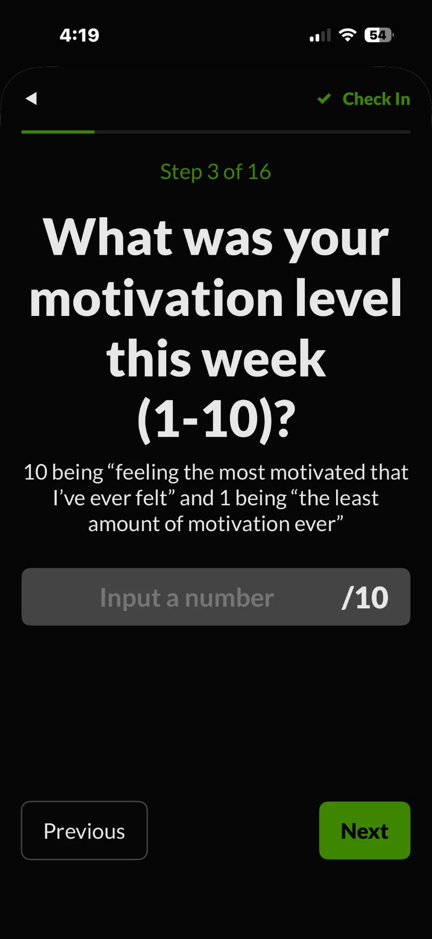 MFCO app check-in screen asking for a weekly motivation rating