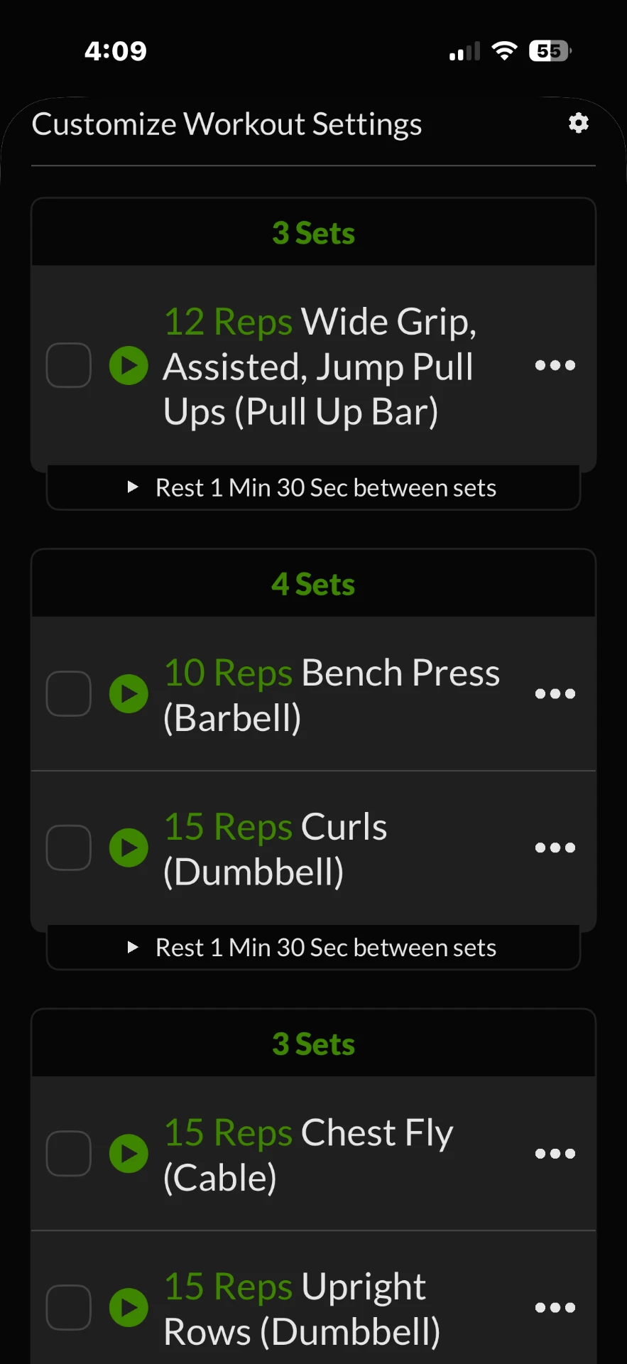 MFCO app customized workout screen showing exercises, repetitions, sets and rest periods