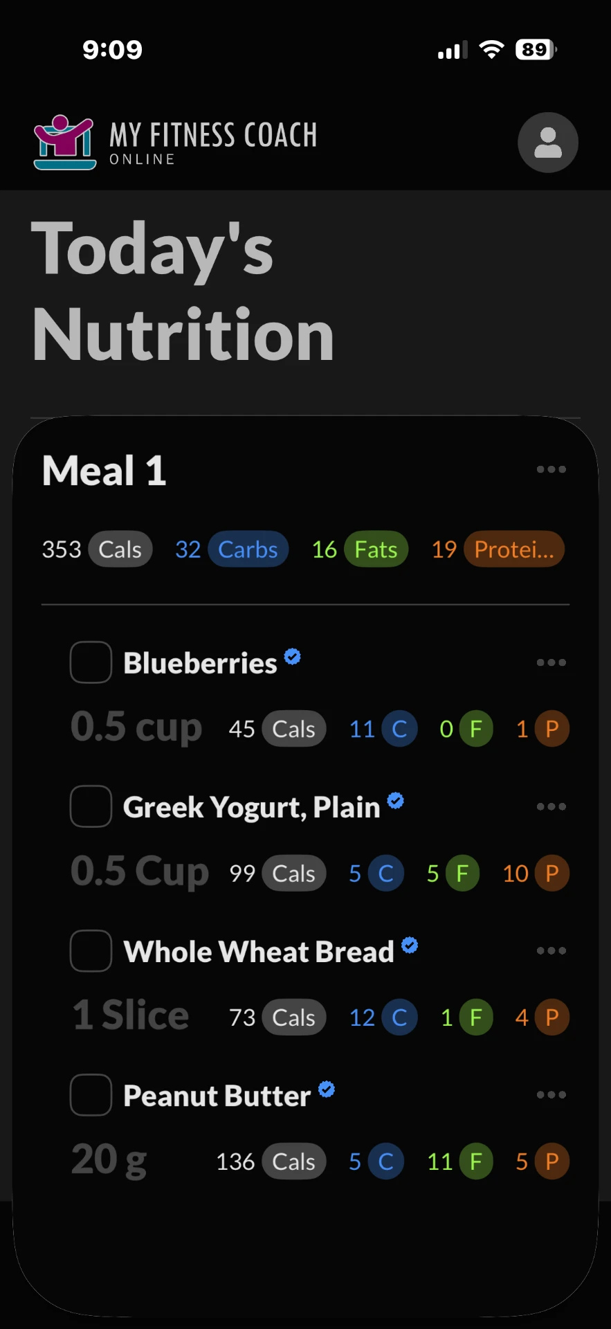 MFCO app Today's Nutrition screen showing meals, calories and nutrition targets