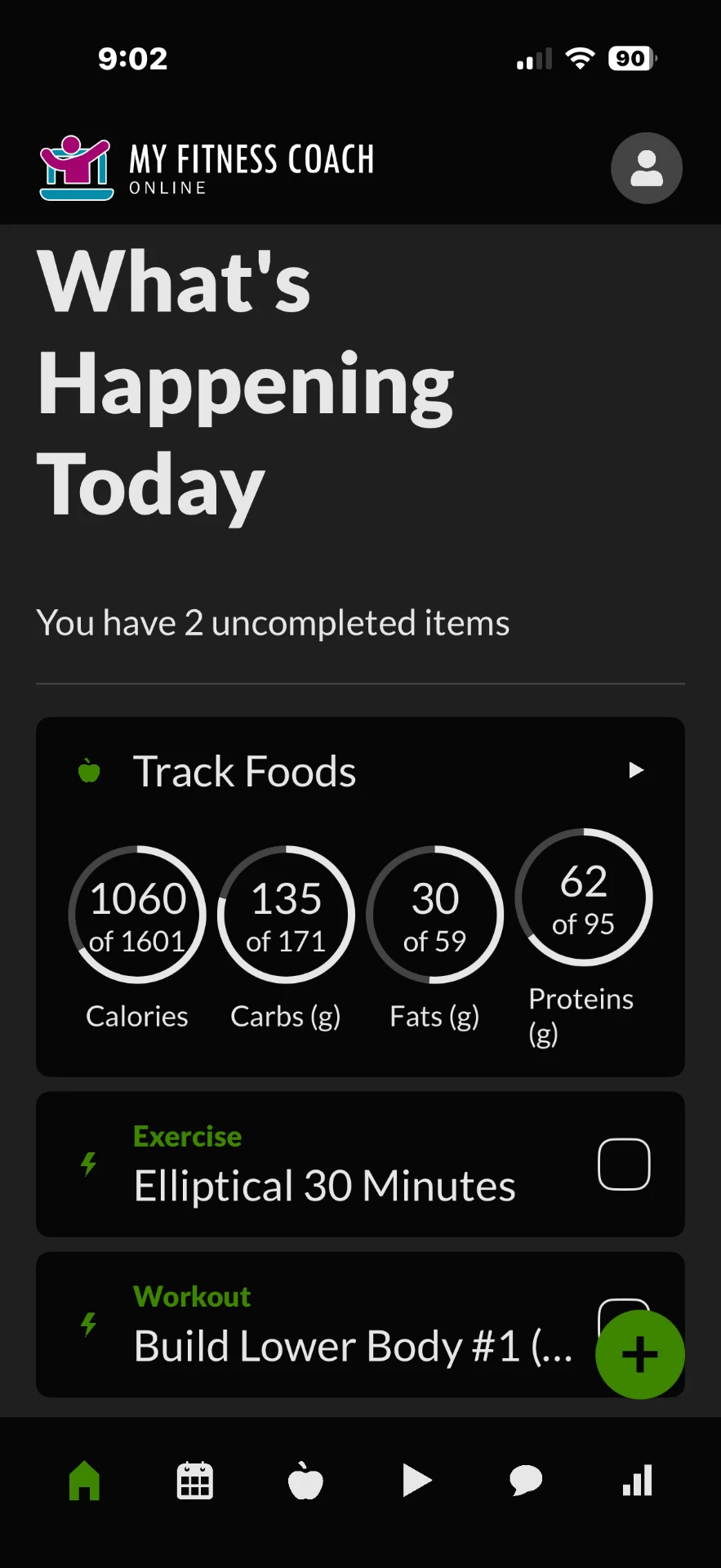 MFCO app today screen with daily nutrition targets and scheduled workout