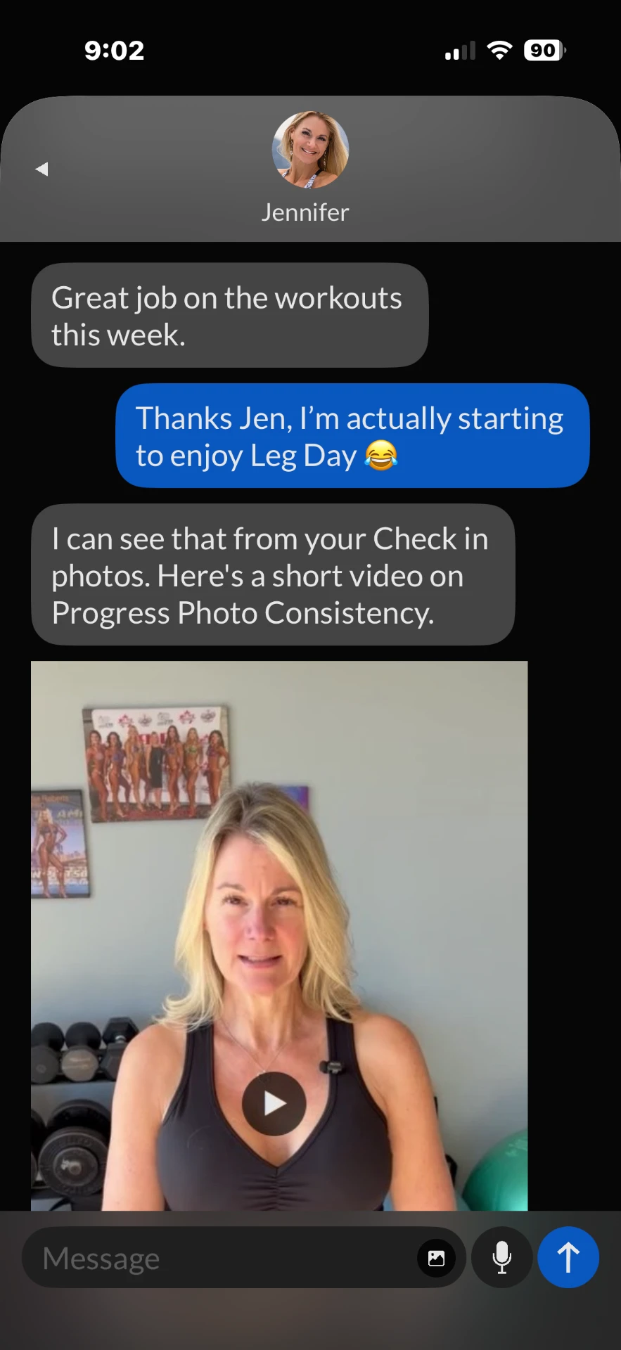 MFCO app messages screen showing a direct conversation with coach Jennifer